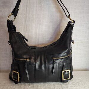 K SAK Large Cross Body Bag Black Leather Black Lined W/ Gold Hardware & Zip A304